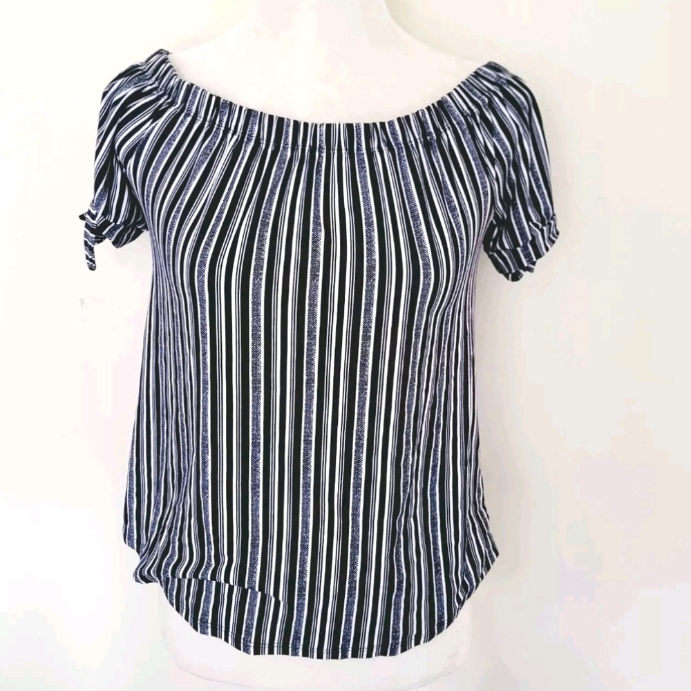 Derek Heart Blue Striped Off Shoulder Blouse Size Medium Top Juniors Shirt
